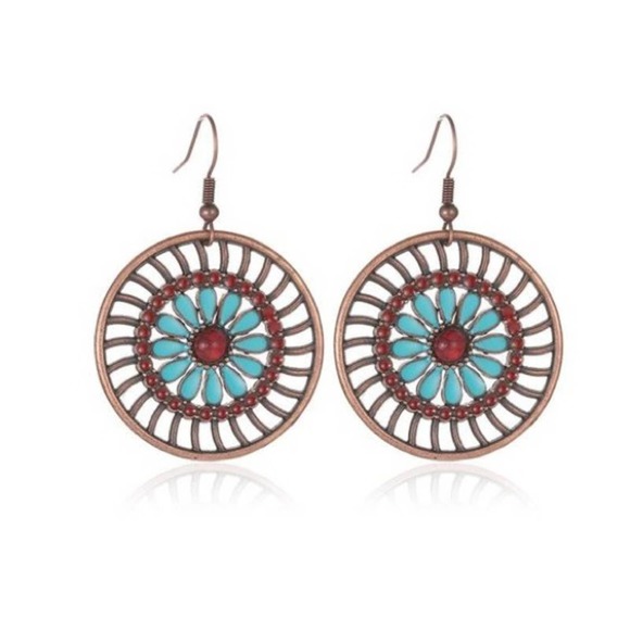 Boho Creative Round Retro Flower Copper Earrings - Picture 2 of 7
